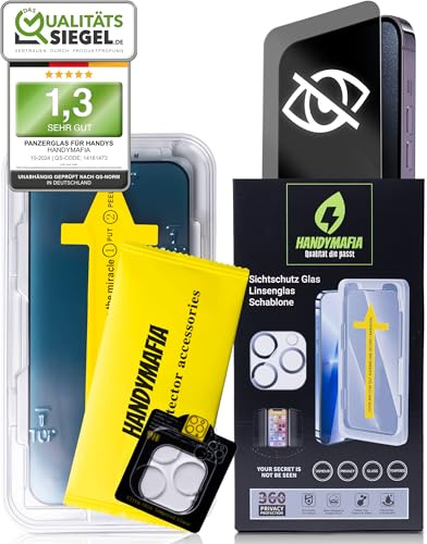HANDYMAFIA Anti Spy Schutzfolie 360 Grad Privatsphäre für iPhone 15 Pro Max, für Panzerglas aus H9 Hartglas, Laser Präzisionstechnologie, Displayschutz mit Montage Set
