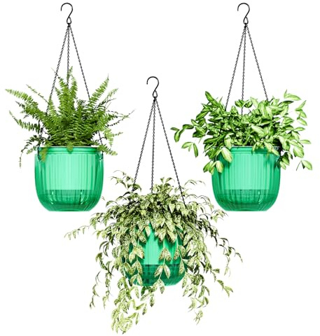 Bamworld Vasi Appesi per Piante da Interno, Vasi con Autoirrigazione e Foro di Drenaggio, Confezione da 3 Pezzi, 16,5 cm, Portavasi da Esterno con 3 Ganci a Catena, per Piante Ragno, Smeraldo