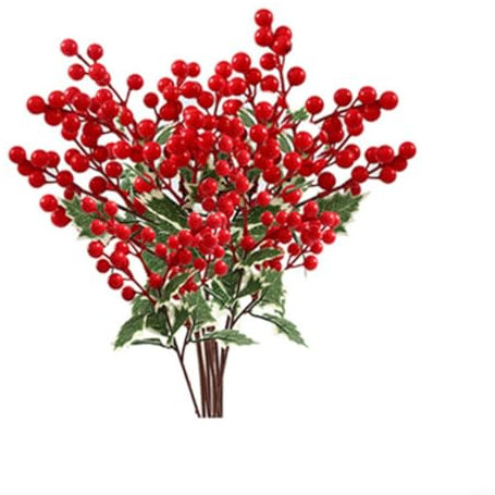 Advokingtap Künstliche Stechpalmen-Zweige, 45 cm, realistisch, dekorativ, rote Stiele mit grünen Blättern, für Inneneinrichtung, Rot, 8 Stück