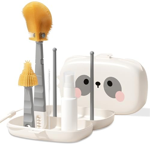 Woobroo 7 in 1 Baby Bottle Brush Set for Home and Travel, Grey