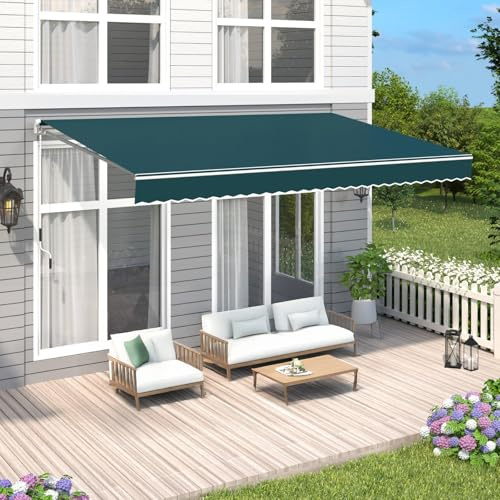 4 x 3 m einziehbare Markise, manueller Klapparm mit Aluminiumkurbel, UV50+ Sonnenschutz für Terrasse und Balkon, grüne Wand-/Deckenmontage, Outdoor-Schattenlösungen
