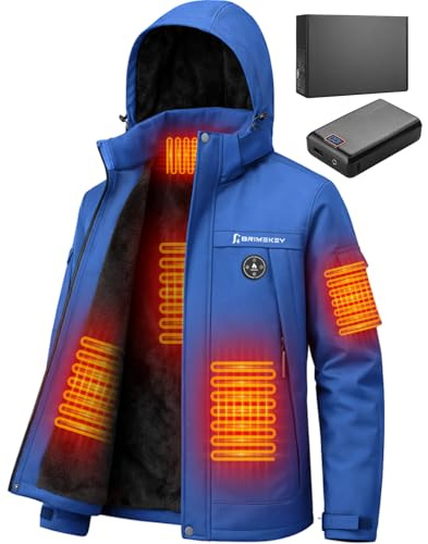 Brimekey Beheizte Jacke Herren mit Fleecefutter, Heizjacke Herren mit 20000mAh 7.4V Akku, 6 Heizzonen & 3 Temperaturstufen, Wasserdichte Winddichte Winterjacke, Heizjacke Herren für Skifahren, Camping