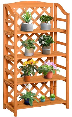Outsunny Étagère à Fleurs Pliable, 4 étagères à Lattes réglables en Hauteur, Panneau arrière en Treillis, Bois Massif en Effet Bois Naturel