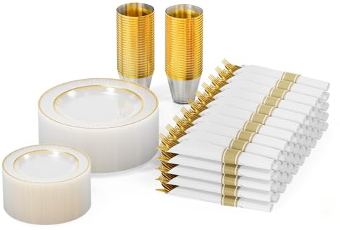 Karl home 400 pcs Multi-Use Reusable Plastic Dinnerware Set, 50 Dinner Plates, 50 Salad Plates, 50 Knives, 50 Mini Forks, 50 Spoons, 50 Cups, 50 Napkins for Wedding Anniversary Birthday Party, Gold