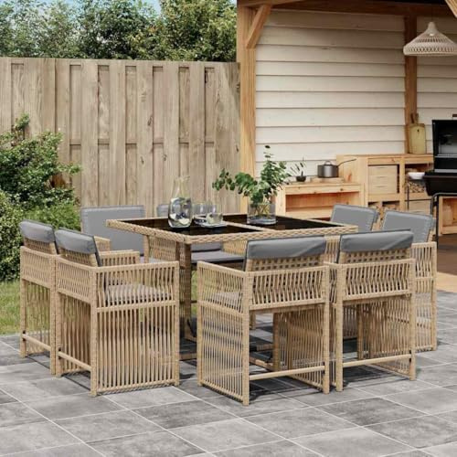 JHQHSM 9-TLG. Garten-Essgruppe mit Kissen aus Poly Rattan, Klappstühle und Glastisch für Terrasse, Sitzgruppe mit waschbaren Bezügen und platzsparender Aufbewahrung, wetterfeste