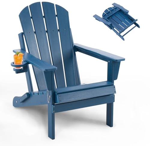 FurniSoar Adirondack Stuhl Klappstuhl mit Getränkehalter, Wetterfest Gartenstuhl Patio Stühle, Gartensessel aus Kunststoff für Garten, Terrasse und Balkon, Blau
