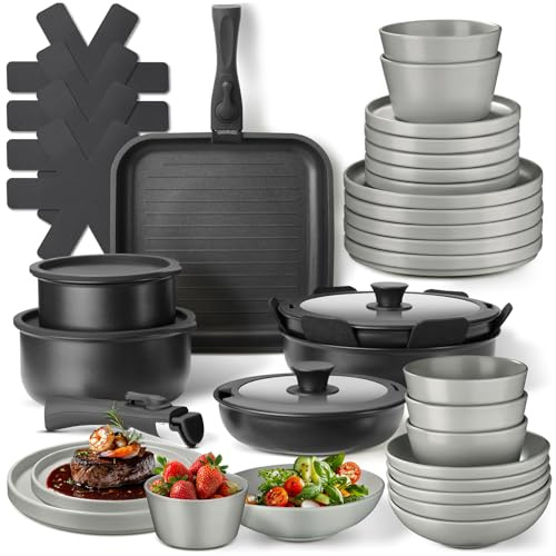tectake® 41-tlg. Küchenstarterset, Steingut Geschirrset 6 Personen, Teller Set, 2x Kochtopf, 4x Bratpfanne mit Deckel, rostfrei, abnehmbare Griffe, induktionsgeeignet, Topfschoner - grau/schwarz