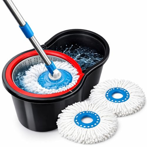 360° Spin Mop Bucket Set with 2 Microfibre Heads – Magic Spin Dry Floor Cleaning System, Stainless Steel Handle, Hands-Free Wringer for Wooden, Marble & Tile Floors