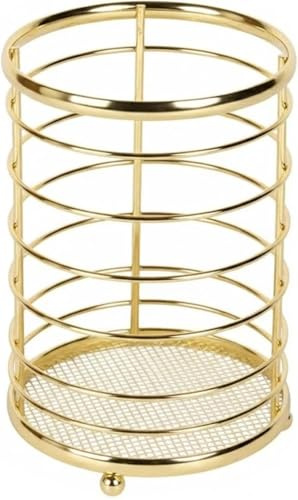 GSV Essentials Gold Metal Utensil Holder for Kitchen Countertop, Round Cutlery Storage Pot, Modern Wire Mesh Durable Rust-Resistant Utensil Stand, Decorative Kitchen Storage Rack, 17 CM