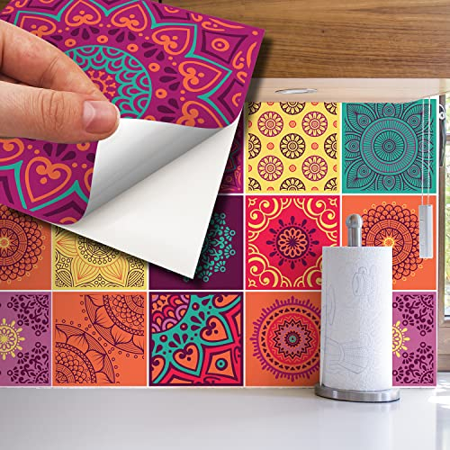 WALPLUS Fliesenaufkleber Küche 15x15cm Klebefolie Fliesenoptik Hitze- und Wasserbeständig Fliesenfolie Küche Abnehmbare Buntes Mandala Mehrfarbig Fliesen Sticker 24 Stück
