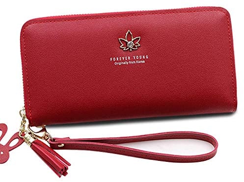 MrShuai Geldbeutel Damen Leder Gross Geldbörse Damen Groß Viele Fächer Mit Handyfach, RFID Frauen Portemonnaie Lange Mode Reißverschluss Litschiblatt Handytasche Rot