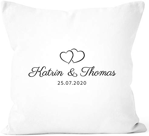 SpecialMe® personalisierbares Kissen zur Hochzeit mit Namen und Datum personalsiert Hochzeitsgeschenk Kissenhülle weiß Unisize