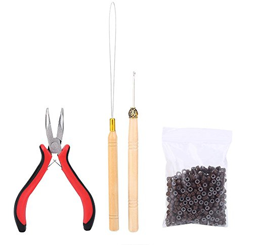 Kit de conector de peluca Alicates Aguja de bucle de gancho con 500 piezas Micro anillos Accesorios de extensión de cabello Conector de peluca Accesorios para pelucas(marrón)