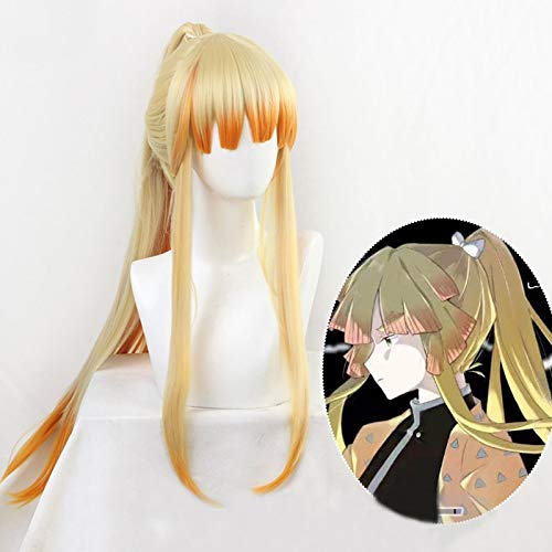 Kimetsu No Yaiba Zenitsu Agatsuma Perücke Weibliche Version Langer Pferdeschwanz Dämonentöter Frauen Synthetisches Haar Erwachsene Halloween