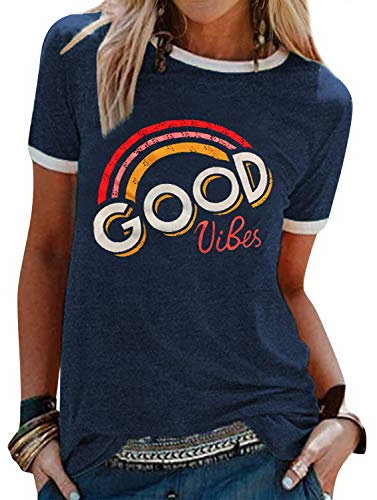 WIEIYM Damen Good Vibes T-Shirt Kurzarm Rundhals Regenbogen T Shirts Sommer Oberteil Frauen Lässig Bluse Sport Tops(Marine,M)