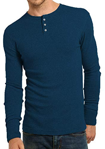Mens Long Sleeve Cotton Grandad 3 Button Neck T-Shirt Fit Tee Top (Indigo, L)