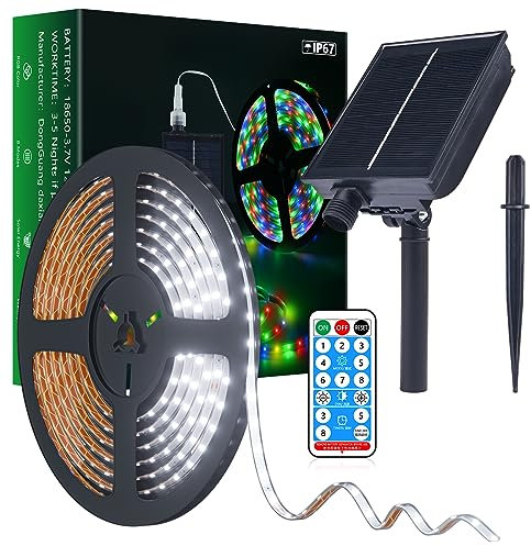MIWATT IP67 Bande LED Solaire 5M, Bande LED Blanc Froid 280 LED, Bandes LED Solaires, Lumières LED Blanc Froid pour Jardin Arbres Maison Noël Vacances Patio Fête Décoration
