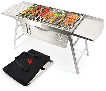 BiggerFire Integrated Folding Portable Charcoal Grill Large Camping Stainless Steel BBQ Kit with Carry Bag Outdoor barbecue No need to Install