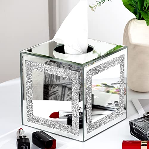 SHYFOY Spiegel-Taschentuchbox, quadratisch, 14 cm, moderner Glas-Taschentuchbox-Halter mit Magnetverschluss, funkelnder rechteckiger Papier-Organizer für Badezimmer, Heimdekoration