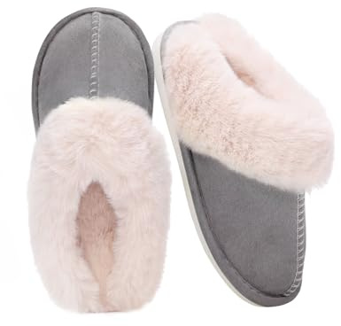 Auranso Women Men Fur Slippers Fluffy Suede Lined Warm Slippers Anti-Skid Sole Cosy House Shoes for Indoor & Outdoor,Gray, 6/7 UK
