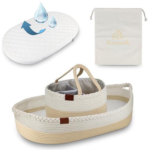 Kenuak® Cesta Cambiador Bebé Portátil, Canasta Mueble Recién Nacido, Cambiador de Mesa Impermeable Pañales, Funda Extraíble Suave con Cremallera, Nido Plegable de Viaje 100% Algodón Natural (Beige)