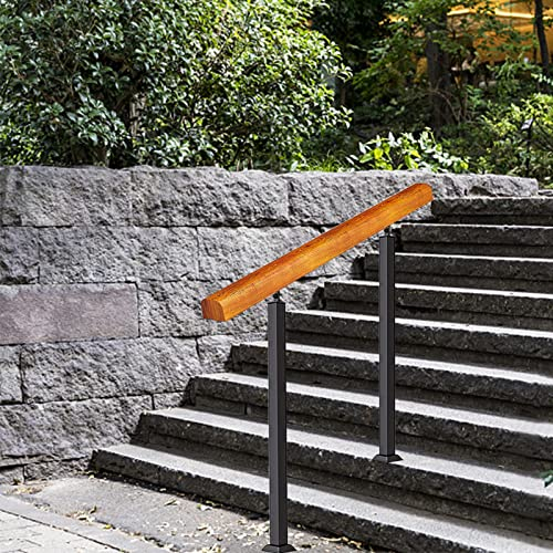 Treppengeländer für den Außenbereich, passend für ebene Oberflächen und 1 bis 3 Stufen, Holzhandlauf, mit 2 schwarzen schmiedeeisernen Pfosten, Hausgartenkorridor, Lofts, Terrassenschiene (anpassbar)