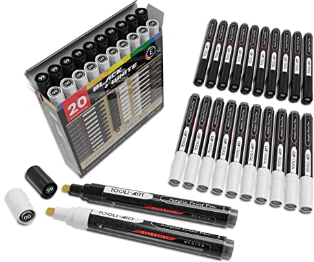 TOOLI-ART Juego de 20 marcadores de pintura acrílica blanca y negra de 3 mm medianos para pintar sobre roca, lienzo, tazas, pintar metal, tela de vidrio, madera, bricolaje, no tóxico