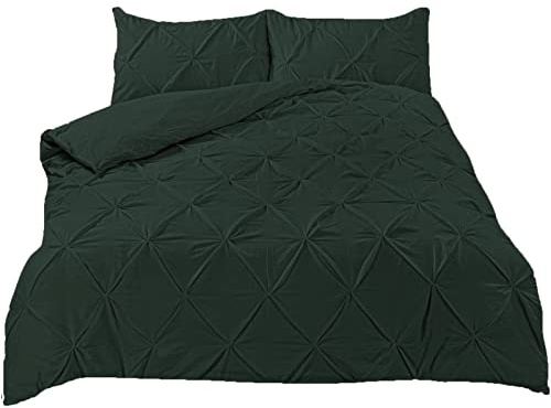 Highams Diamond Pintuck Duvet Cover with Pillowcase Luxury Pinch Pleat Bedding Set, Forest Green – King