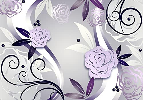wandmotiv24 Fototapete violette Rosenblüten Ornamente, 300 x 210 cm - selbstklebende Vliestapete 150g, Wanddeko, Wandbild, Wandtapete, Blumen lila grau M6309