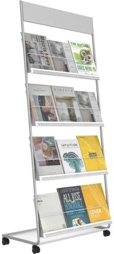 TONGMO Stehender Zeitschriftenständer, 4-lagig, mit Rollen, Prospektständer, hochhartes Metall für Ausstellungen, Büro und jede Organisation, die Informationen benötigt, (Silber)