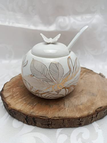 Digiglio Bomboniere Bomboniera Zuccheriera Porcellana Bianca Decoro Floreale White e Gold con Box