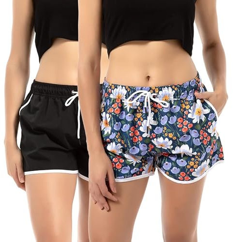 Costume da Bagno Donna per Mare e Piscina(2 paia),Pantaloncini da Bagno da Donna Asciugatura Veloce Costume da Bagno Spiaggia con Taschino e Coulisse,Sportivo con Fodera in Mesh,Fiore Nero-XXL