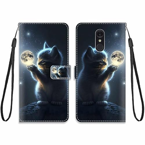 KARTXITAI Hülle Kompatibel mit LG Q7,Leder Handyhülle mit Kartenfach Geld Slot Ständer PU Ledertasche Wallet Flip Magnetische Muster Schutzhülle-Mondkatze,Himmel,Sterne