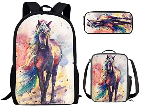 Kuiaobaty Schulranzen Set für Mädchen Jungen 3 in 1 Schultasche mit Lunchtasche Federmäppchen für Mittelschule Schule, Rosa Kunstpferd, Einheitsgröße