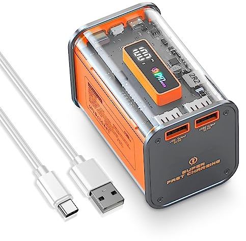 Gladgogo Battery Pack 20000mAh with Led Display, 3-Port Portable Charger 20W Fast Charging PD18W QC 3.0 USB C, Transparent Power Bank with High-Speed PowerIQ for iPhone/iPad/Samsung - Orange