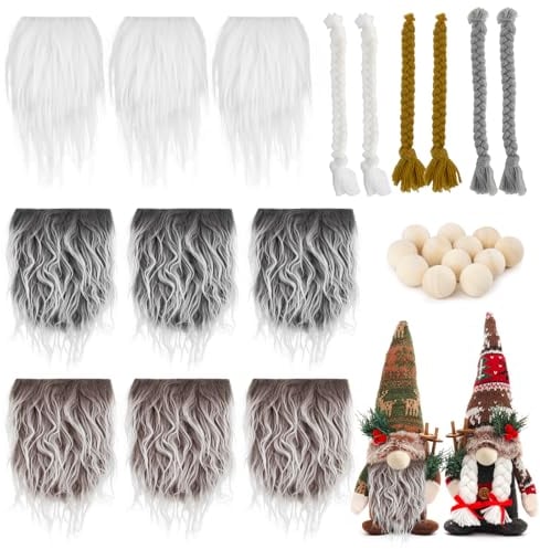 BOFUNX 9 Stück Zwergenbärte Wichtelbart Zum Basteln mit 12pcs Holzperlen und 6pcs Zwerg Zöpfe, Weihnachten Zwerg Bart Zöpfe Holzperlen Set für Weihnachten DIY Handwerk Party Supplies