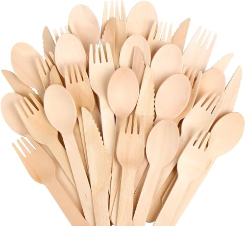 150 PCS Wooden Cutlery Set | Premium Quality 50 Spoon,50 Forks,50 Knives for Outdoor, Party & More- Disposable Cutlery Set Birchwood