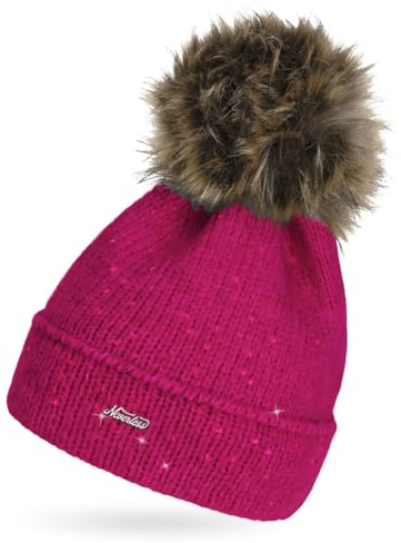 Neverless® Damen Strick-Mütze mit Fellbommel und Innenfutter Fleece Kunstfell Bommelmütze Glitzer-Effekt Umschlag pink Unisize