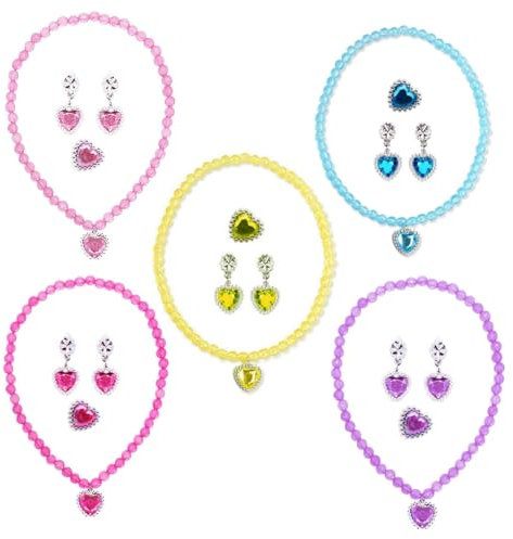 JZK 5X Prinzessinnen-Schmuckset für Mädchen, Kinderschmuck, Spielzeug, Halskette, Ohrringe, Ring, Prinzessinnen-Kostümzubehör für Pyjama-Party, kleine Mädchen-Geburtstagsfeier, Gastgeschenk