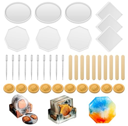 Rigidstone Moldes Resina Epoxi, 9 Piezas Moldes de Resina Epoxi, Kit de Molde con Palillos, Cuentagotas, Sujeta Dedos, Octágono Cuadrado Redondo para Posavasos DIY