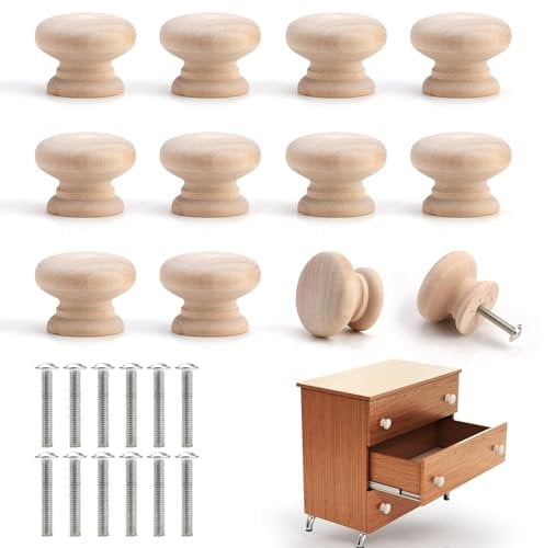 Taoduod Wood Drawer Knobs 12PCS Wooden Cabinet Knobs with Screws 35 * 25mm Round Drawer Knob Mushroom Cupboard Handles Pulls Wooden Door Knobs for Cabinet, Cupboard, Wardrobe, Furniture, Kitchen