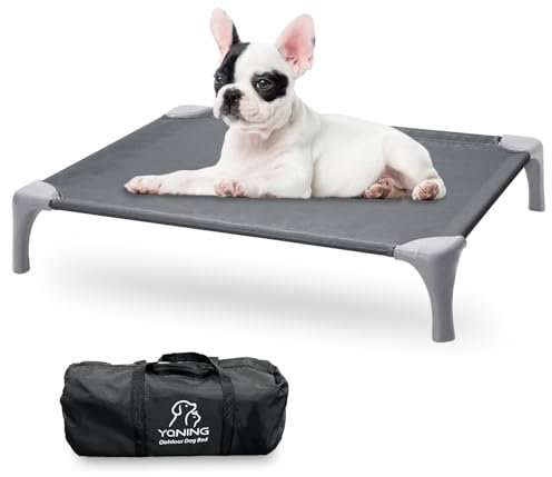 Yaning Outdoor Dog Bed with Portable Bag, Easy to Assemble Elevated Dog Bed for Medium Small Dogs, Raised Dog Cot with Pet-Friendly Feet, Breathable Mesh for Camping or Travel, Light Grey