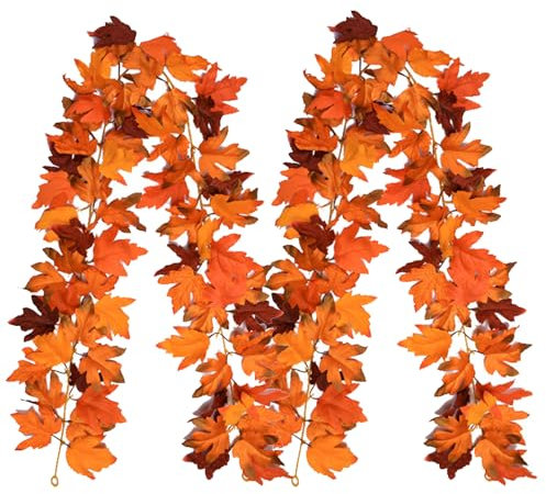 Uniboho 2 Stück Künstliche Herbstgirlande Ahornblätter, 175cm Herbstdeko Herbst Dekoration Girlande zum Aufhängen, Ahorn Blättergirlande Blätter Girlande für Drinnen Draußen Erntedankfest Kamin