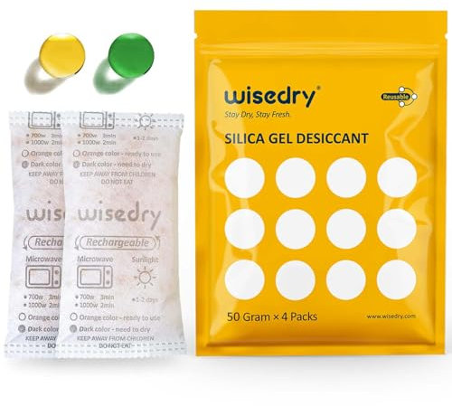 Wisedry Silica Gel Sachets, [50g x 4 Packs] Food Grade Desiccant Sachets, Microwave Fast Reactivate Silica Gel Packets, Moisture Indicating & Reusable for Clothes, Food, Storage Boxes