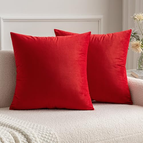 MIULEE 2er Set Samt Soft Solid Dekorative Quadrat Wurf Kissenbezüge Set Kissen Fall für Sofa Schlafzimmer Leuchtendes Rot 16x16 Zoll 40x40 cm