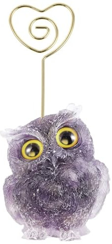 Nupuyai 10cm Amethyst Eule Figur Fotohalter Tischdeko, Harz Eule Stein Vögel Basis Memo Kartenhalter, Tischkarte Menü Namensschild Tischnummern Halter für Hochzeit Büro Haus
