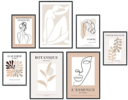 Hyggelig Home Premium Poster Set - 7 hochwertige Poster im Kunstdruck bunt Bauhaus Matisse aesthetic - für Wohnzimmer Schlafzimmer Esszimmer Flur - Set Madame - Mit Rahmen schwarz