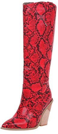 Bella stampa occidentale stivali alti al ginocchio polpaccio grosso donna tacco impilato punta stivali sexy alti al ginocchio per le donne polpaccio largo, Rosso, 37.5 EU