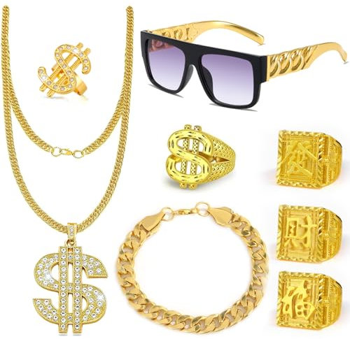 Hip Hop Kostüm Set, Hiphop Schmuck für 80s/90s Herren Fasching Karneval Party, Hip Hop Accessoires Herren, Hiphop Schmuckfür Cosplay Karneval Fasching Mottoparty