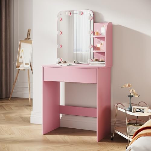 SIRHONA Tavolo da trucco con specchio a LED con luminosità regolabile, con specchio, 1 cassetti e 2 ripiani, stile moderno, rosa